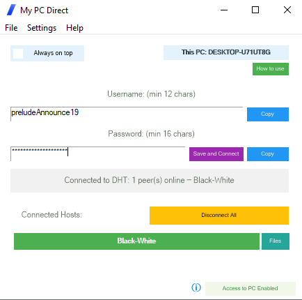 My PC Direct connected to the peer network, with one of the owner's other computers listed and ready